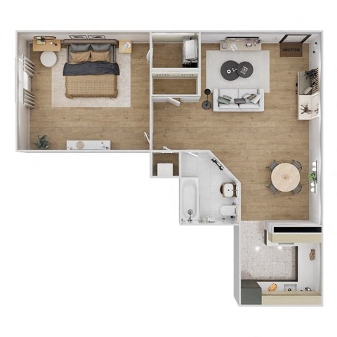 A top down view of a small apartment with a bedroom, living room, kitchen, and bathroom.